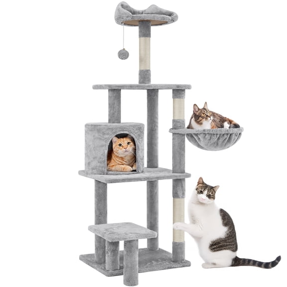 Yaheetech 57.1'' Deluxe Multilevel Cat Tower with Perch and Basket, Light Gray