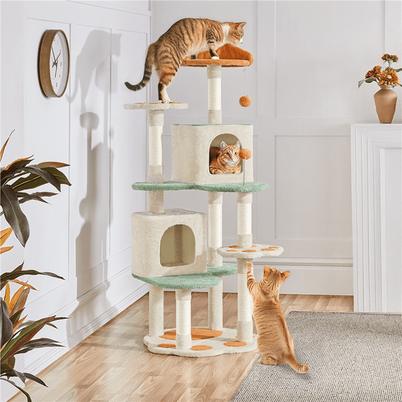 Yaheetech 57.7'' H Cat Tree Paw-Shaped Play Tower with Platform, Condo, Scratching Posts, Beige