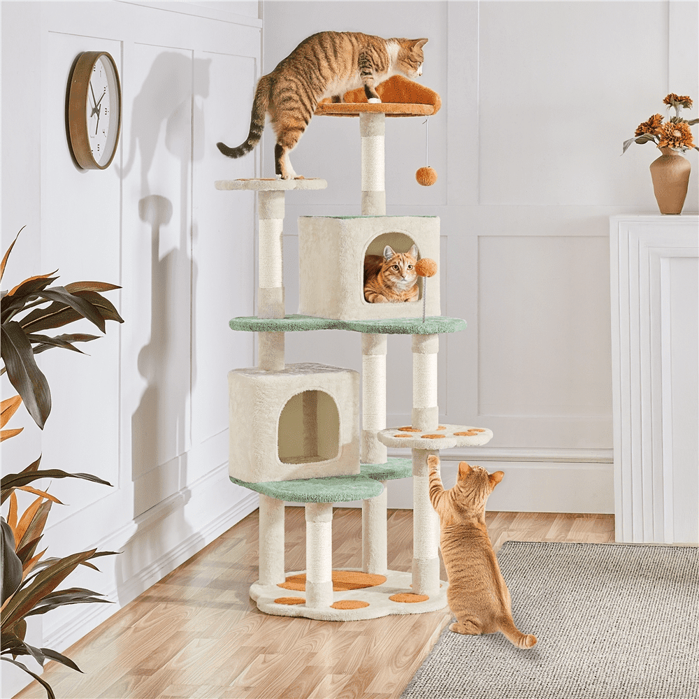 Yaheetech 58'' H Cat Tree Paw-Shaped Play Tower with Platform, Condo, Scratching Posts, Beige