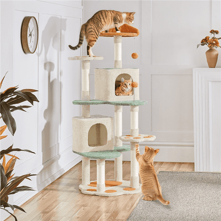 Yaheetech 58'' H Cat Tree Paw-Shaped Play Tower with Platform, Condo, Scratching Posts, Beige