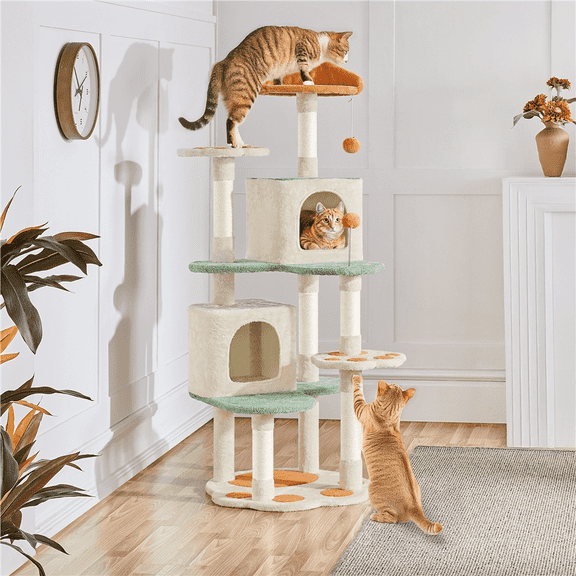 Yaheetech 58'' H Cat Tree Paw-Shaped Play Tower with Platform, Condo, Scratching Posts, Beige