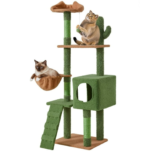 Yaheetech 59.3'' Cactus Cat Tree with Condo, Basket & 3 Scratching Posts, Green/Brown