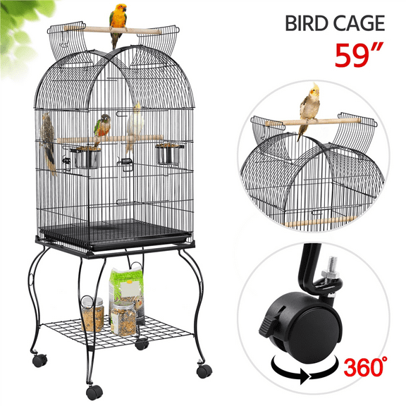 Yaheetech 59'' H Open Top Rolling Metal Bird Cage with Stand, Black
