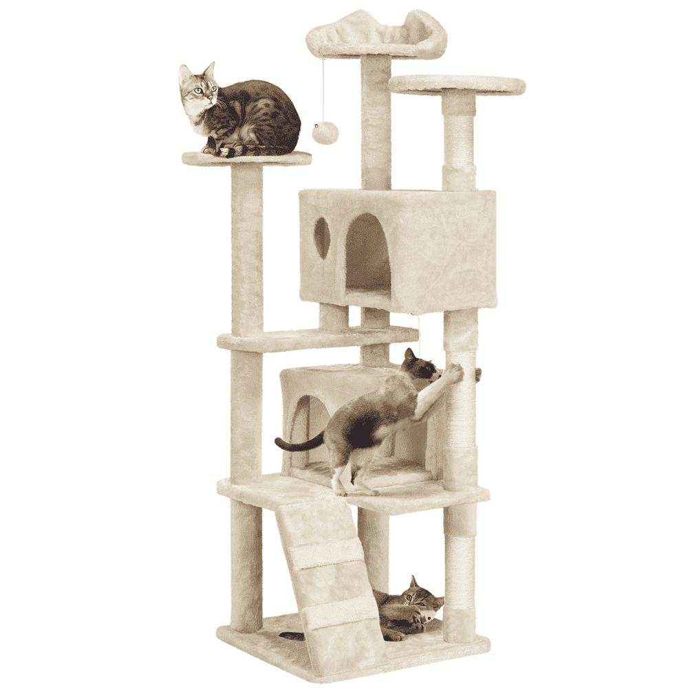 Yaheetech 62.2" H Multilevel Cat Tree with 3 Scratching Posts and Double Condos, Beige