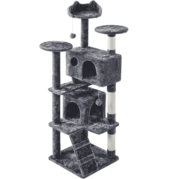 Yaheetech 62.2" H Multilevel Cat Tree with 3 Scratching Posts and Double Condos, Dark Gray
