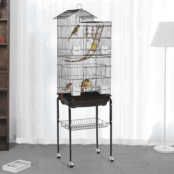 Yaheetech 62.4"H Rolling Metal Bird Cage with Play Top & Detachable Stand & Toys, Black