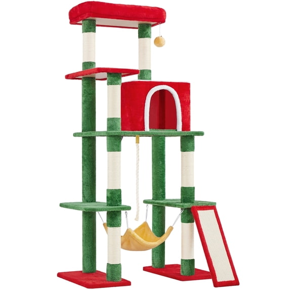 Yaheetech 62.6 Inch Multi-Level Cat Tree with Condo, Hammock & Scratching Posts, Red/Green