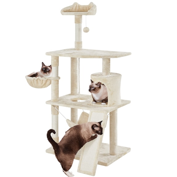 Yaheetech 63" Multi-Level Cat Tree with Condo, Hammock, Basket & Scratching Ramp, Beige