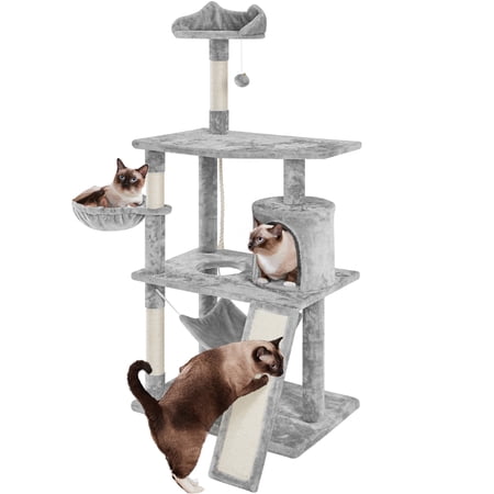 Yaheetech 63" Multi-Level Cat Tree with Condo, Hammock, Basket & Scratching Ramp, Light Gray