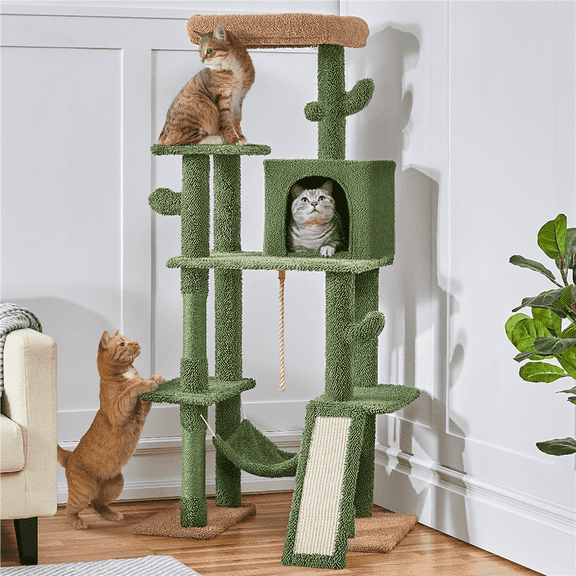 Yaheetech 62.99''H Multi-Level Cat Tree Tower with Platform and Condo,Green/Brown