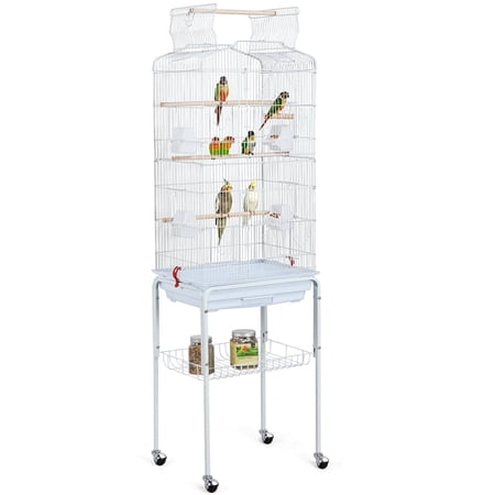 Yaheetech 64"H Open Top Metal Bird Cage Large Parrot Cage w/ Double Doors & Rolling Stand for Budgie Parrot Canary Cockatiel, White