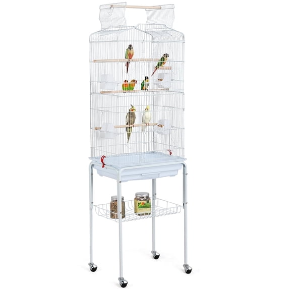 Yaheetech 64"H Open Top Metal Bird Cage Large Parrot Cage w/ Double Doors & Rolling Stand for Budgie Parrot Canary Cockatiel, White