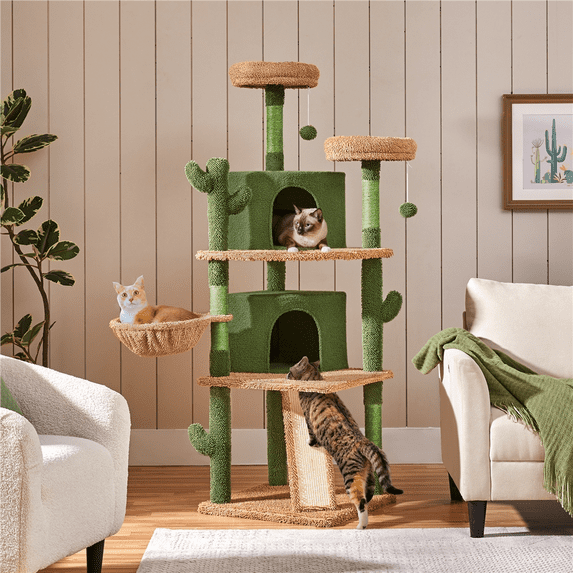 Yaheetech 68''H Cactus Cat Tree Cat Tower with Padded Perch,Green/Brown