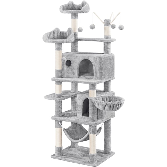 Yaheetech 67.1" H Large Cat Tree with 2 Big Condos and 1 Basket, Light Gray