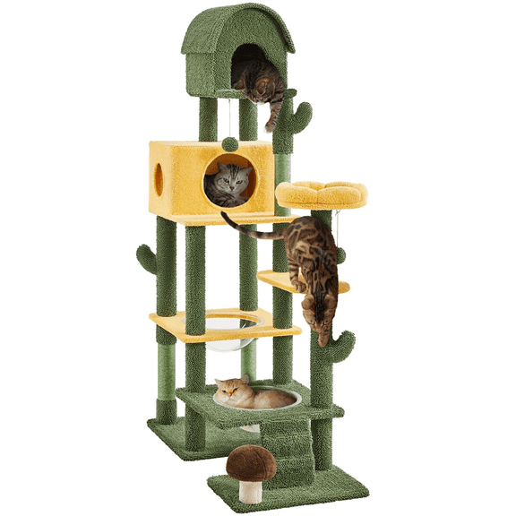 Yaheetech 68.4" H Oasis Themed Cat Tree with 2 Condos and 2 Bowl Beds, Green/Yellow