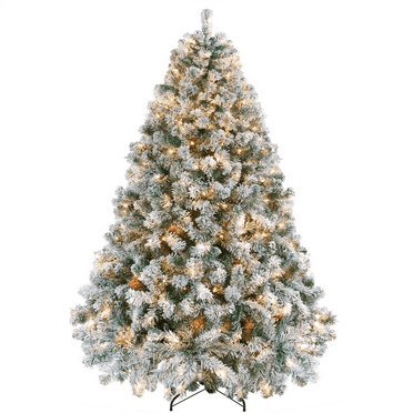Yaheetech 6Ft Pre-lit Flocked Artificial Christmas Tree with Foldable Stand and Warm Lights, Green