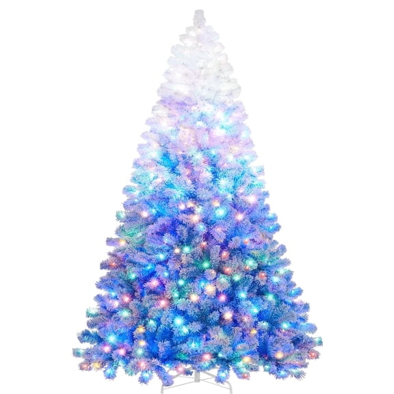 Yaheetech 6ft Flocked Artificial Christmas Tree with 250 Multicolored LED Lights, Lake Blue Gradient