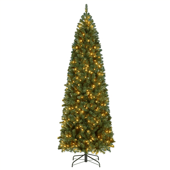 Yaheetech 7.5 ft Pre-lit Pencil Artificial Christmas Tree with Foldable Stand and Warm White Lights Holiday Decoration Slim Tree Green