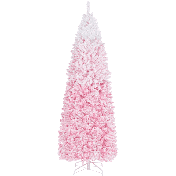 Yaheetech 7.5Ft Pre-lit Flocked Pencil Artificial Christmas Tree with Lights,Pink Gradient