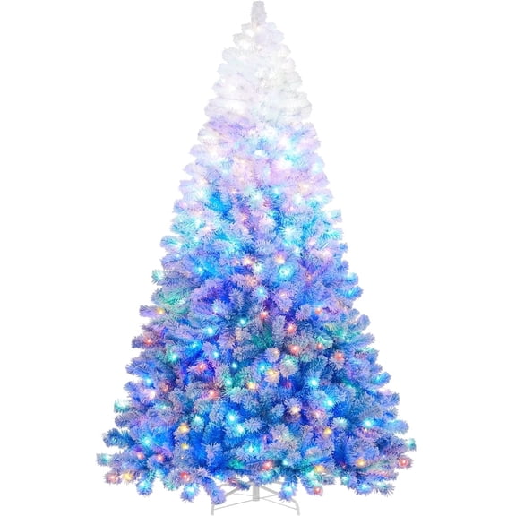 Yaheetech 7.5ft Flocked Artificial Christmas Tree with 550 Multicolored LED Lights, Lake Blue Gradient