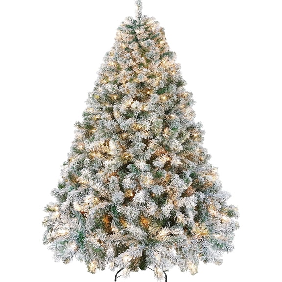 Yaheetech 7.5ft Pre-Lit SnowFlocked Artificial Christmas Tree, 550 Lights | White Lighted Full Xmas Tree for Holiday Decoration with 550 Warm White Lights and 1284 Tips, Foldable Stand. Green & White