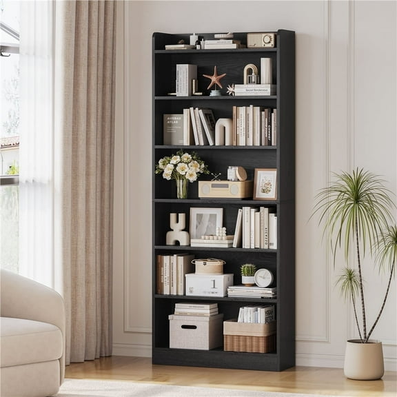 Yaheetech 7-Tier Wooden Bookshelf with Adjustable Open Shelves, Black