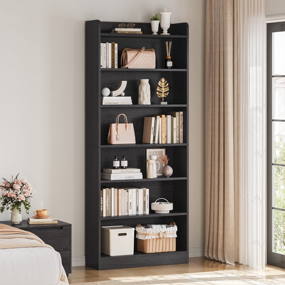 Yaheetech 7-Tier Wooden Bookshelf with Adjustable Open Shelves, Black