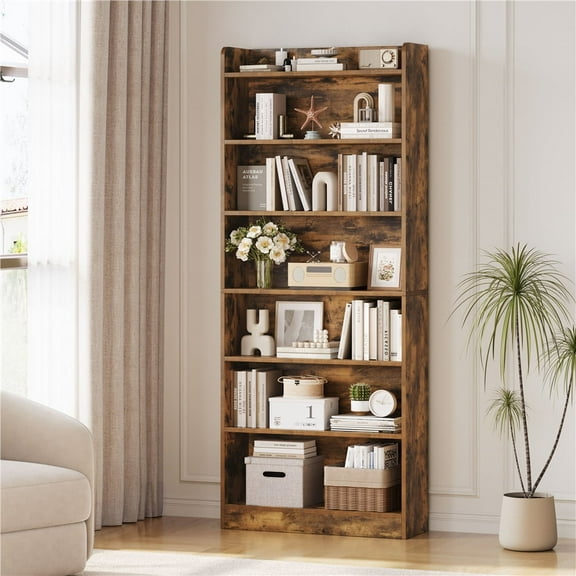 Yaheetech 7-Tier Wooden Bookshelf with Adjustable Open Shelves, Rustic Brown