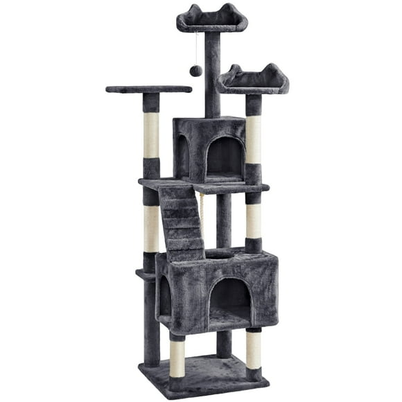 Yaheetech 71.7″ H Cat Tree with 2 Condos & 3 Top Platform & Scratching Posts, Dark Gray
