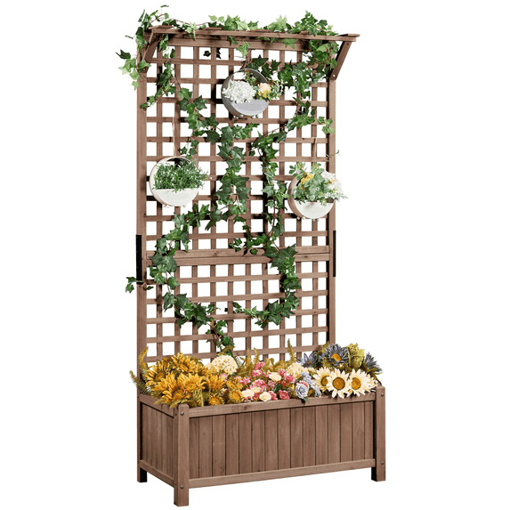 Yaheetech 72''H Movable Fir Wood Planter Raised Garden Bed with Trellis and Wheels,Dark Brown