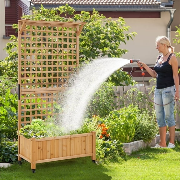Yaheetech 72'' H Wood Planter Raised Garden Bed with Trellis, Light Brown