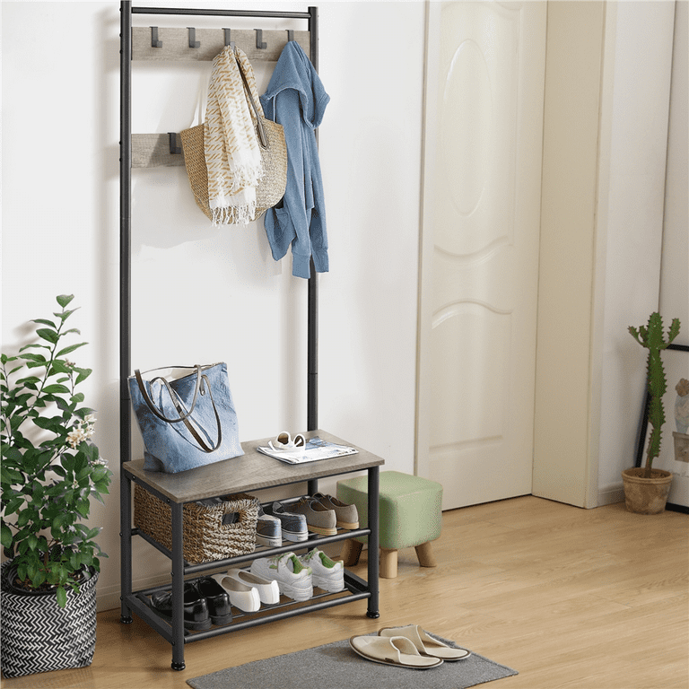 Yaheetech 73'' H Metal Hall Tree Entryway Coat Rack with Shoe Storage Bench  & 9 Movable Hooks,Gray 