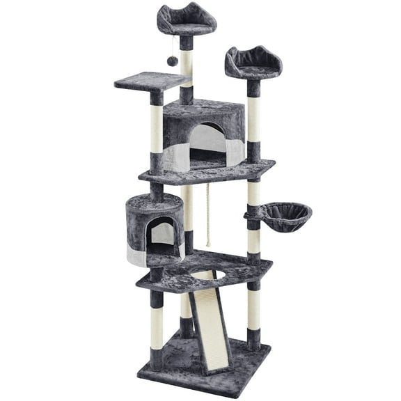 Yaheetech 79.1" Multi-Level Cat Tree with Two Condos, Basket & Scratching Board, Dark Gray/White
