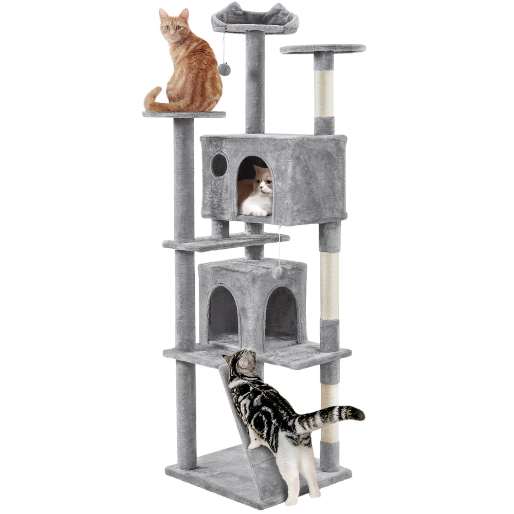 Light Gray Multi-Level Cat Tree with Sisal Posts and Condos