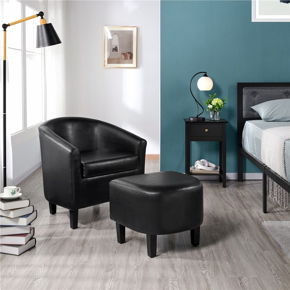 Black Faux Leather Recliner Accent Chair with Ottoman