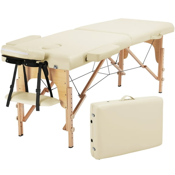 Yaheetech Adjustable Folding Massage Table with Headrest and Armrest, Cream