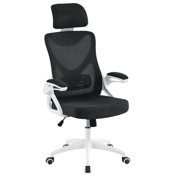 Yaheetech Adjustable High Back Mesh Office Chair with 90° Flip-up Armrest, White/Black