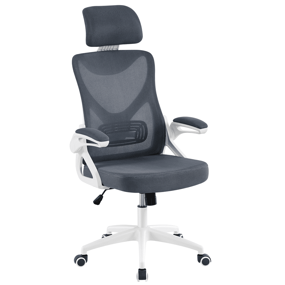 Yaheetech Adjustable High Back Mesh Office Chair with 90° Flip-up Armrest, White/Gray