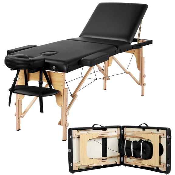 Yaheetech Adjustable Massage Bed 3 Sections Folding Massage Couch Portable Salon Bed Spa Table, Black