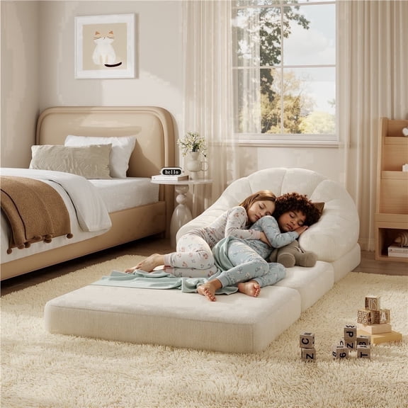 Yaheetech 2-in-1 Convertible Sofa Bed Folding Sleeper Chair Bed Chenille Sofa with Armrests Bean Bag Chair for Living Room, Beige