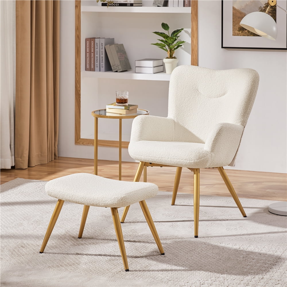 Yaheetech Boucle Accent Chair and Ottoman Set with Golden Metal Legs ...