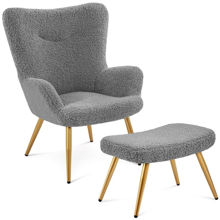 Yaheetech Boucle Accent Chair and Ottoman Set with Golden Metal Legs for Living Room, Gray