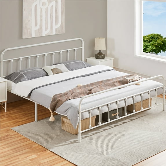 Yaheetech Classic Iron Platform Bed with High Headboard and Footboard,California king,White