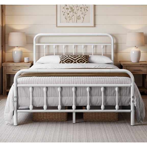 Yaheetech Classic Iron Platform Bed with High Headboard and Footboard, Full, White
