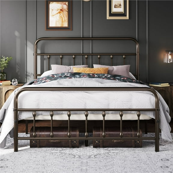 Yaheetech Classic Iron Platform Bed with High Headboard and Footboard, Queen, Bronze