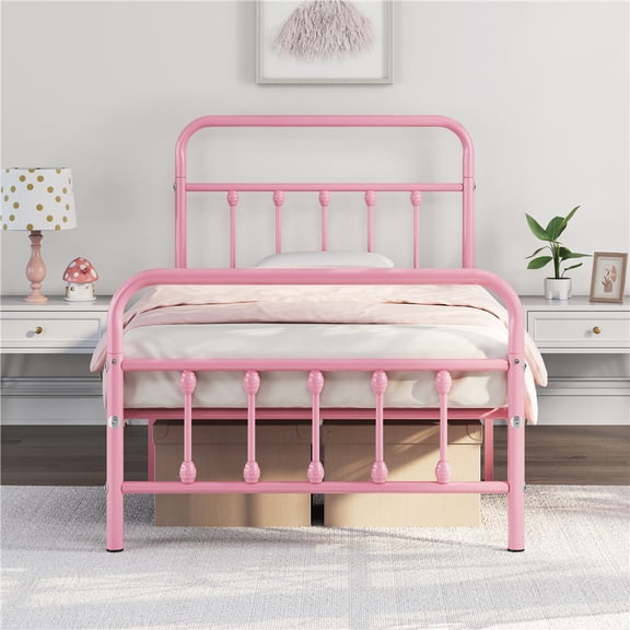 Yaheetech Classic Iron Platform Bed with High Headboard and Footboard, Twin, Pink