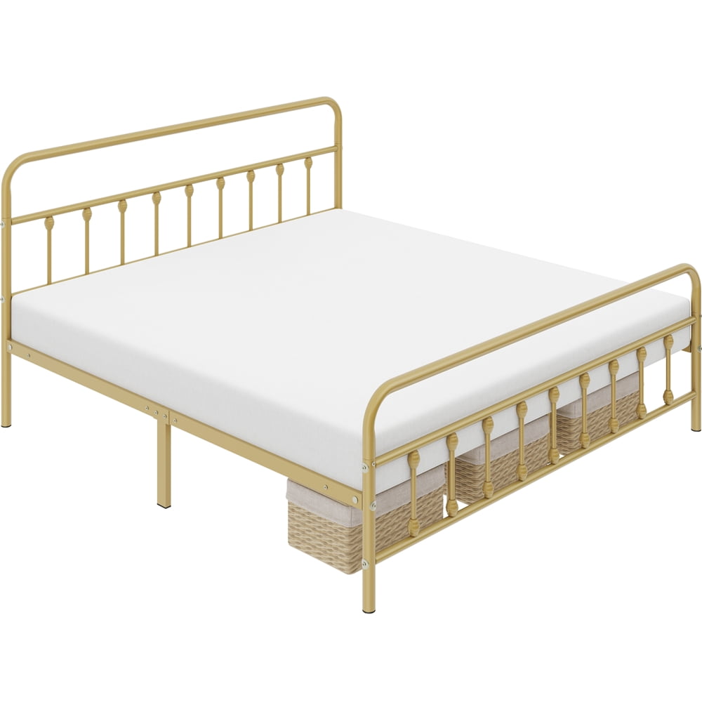 Yaheetech King Platform Bed, Antique Gold, Metal Frame, High Headboard ...