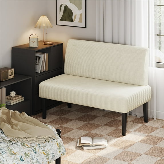 Yaheetech Corduroy Armless Loveseat with Rubberwood Legs, Beige