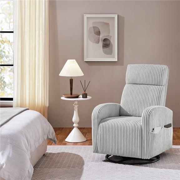 Yaheetech Corduroy Swivel Recliner Glider Chair Rocking Chair for Living Room, Light Gray