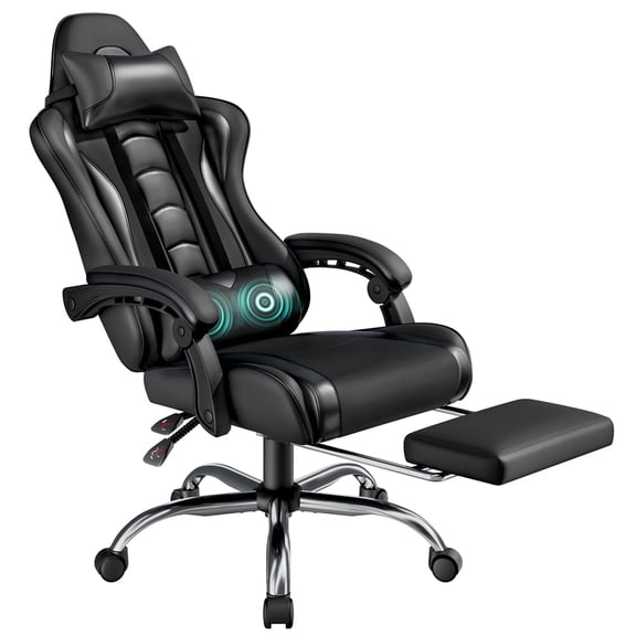 Yaheetech Ergonomic High Back Gaming Chair with Folding Footrest, Full Black